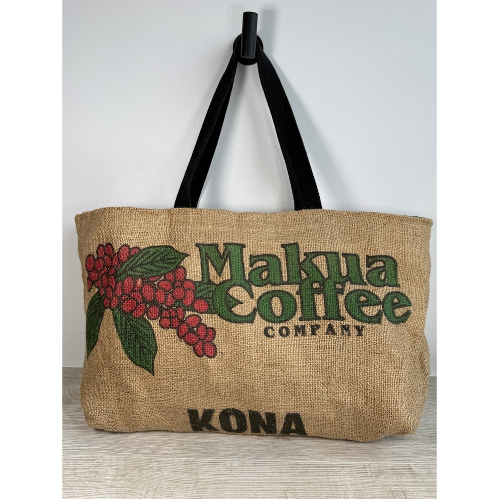 Reversible Makua Kona Coffee Burlap Tote Tropical Leaf‎ Handmade Hawaiian Tote